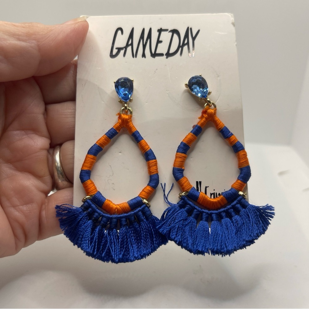 Erimish Game Day Earrings Orange Blue Tassel Hoop Rhinestone NEW